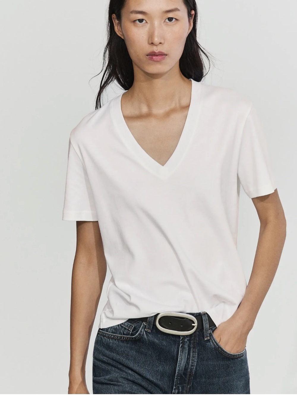 Massimo Dutti NWT 100% COTTON INTERLOCK V-NECK T-SHIRT white 6834/542